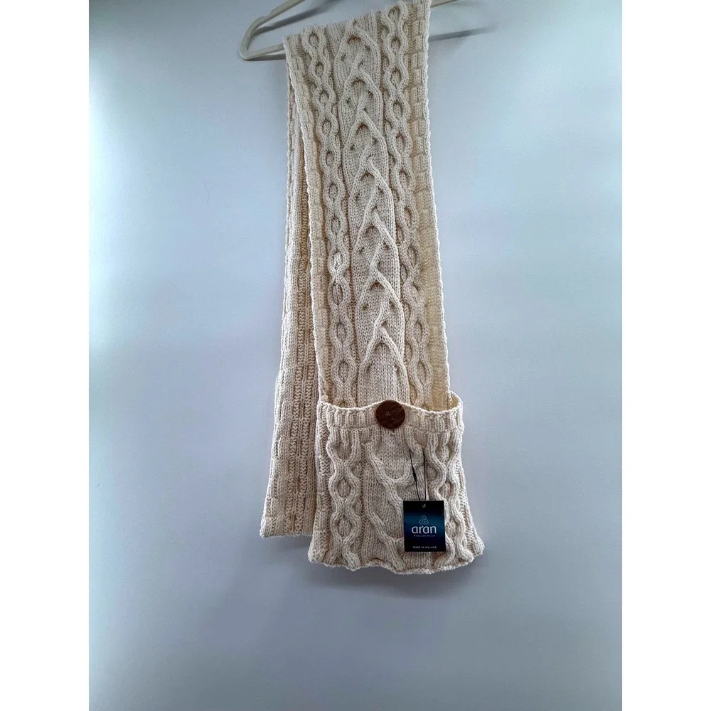 Aran Woollen Mills Cable Knit Merino‎ Wool Scarf Cream New Made in Ireland